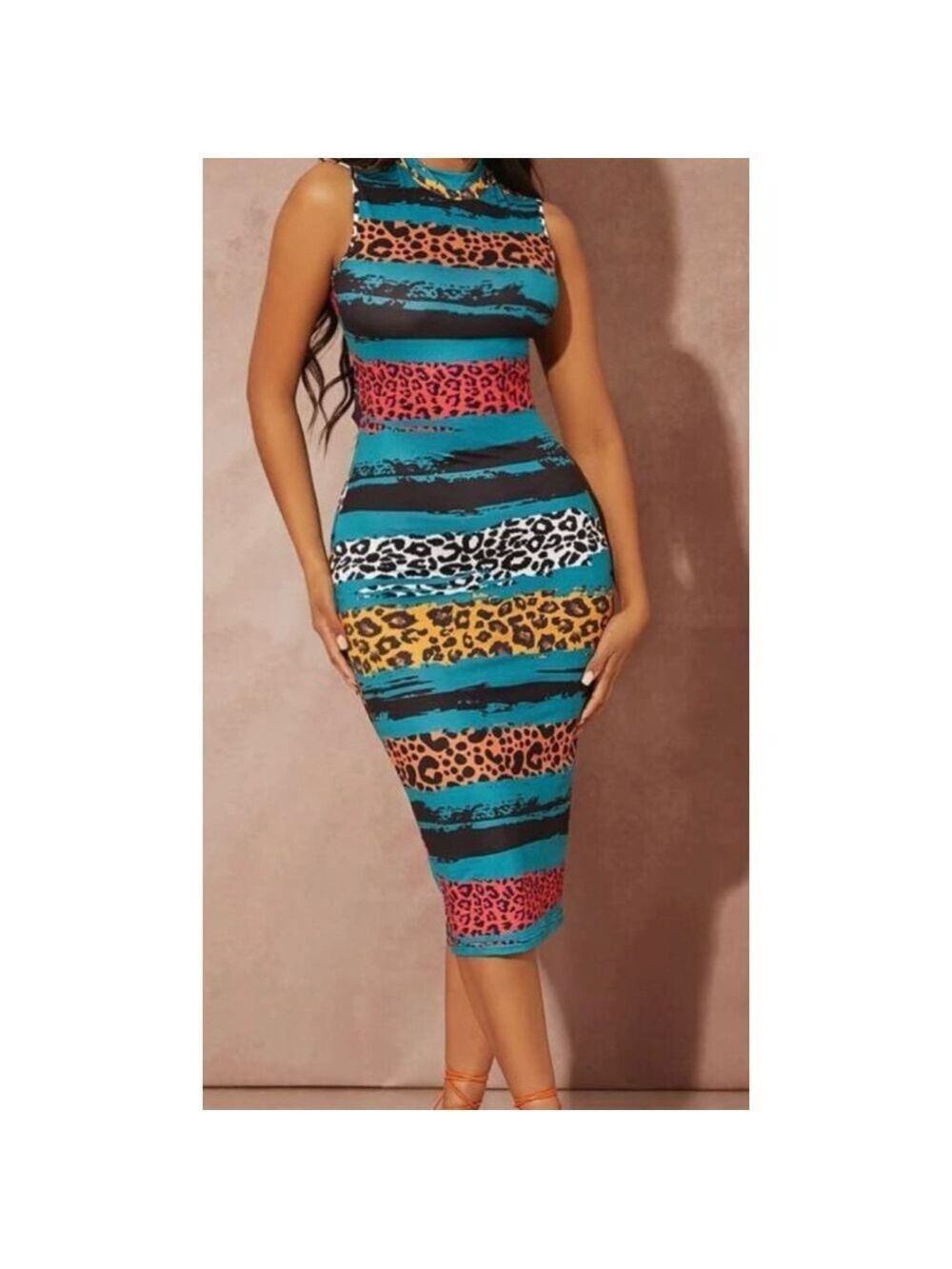 Women SHEIN Dress S Blue Orange Leopard Print